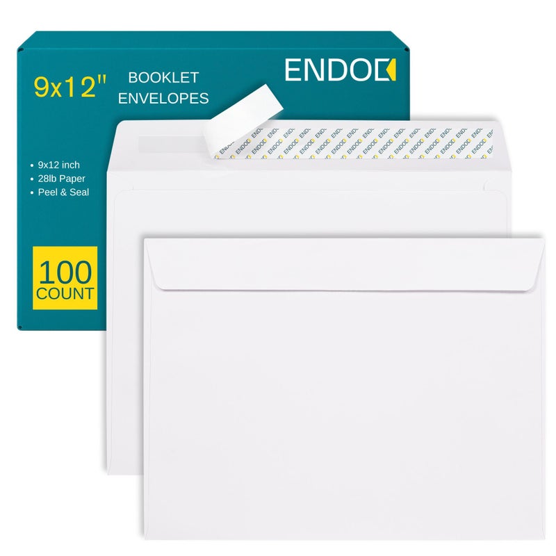 EnDoc 9x12 Booklet Envelopes Self Seal - 100 pack - Mailing Large Envelopes 9 x 12 Peel & Seal Closure - Open-Side Blank Plain White 28 lb Paper, for Home, Office and Business - Image 1